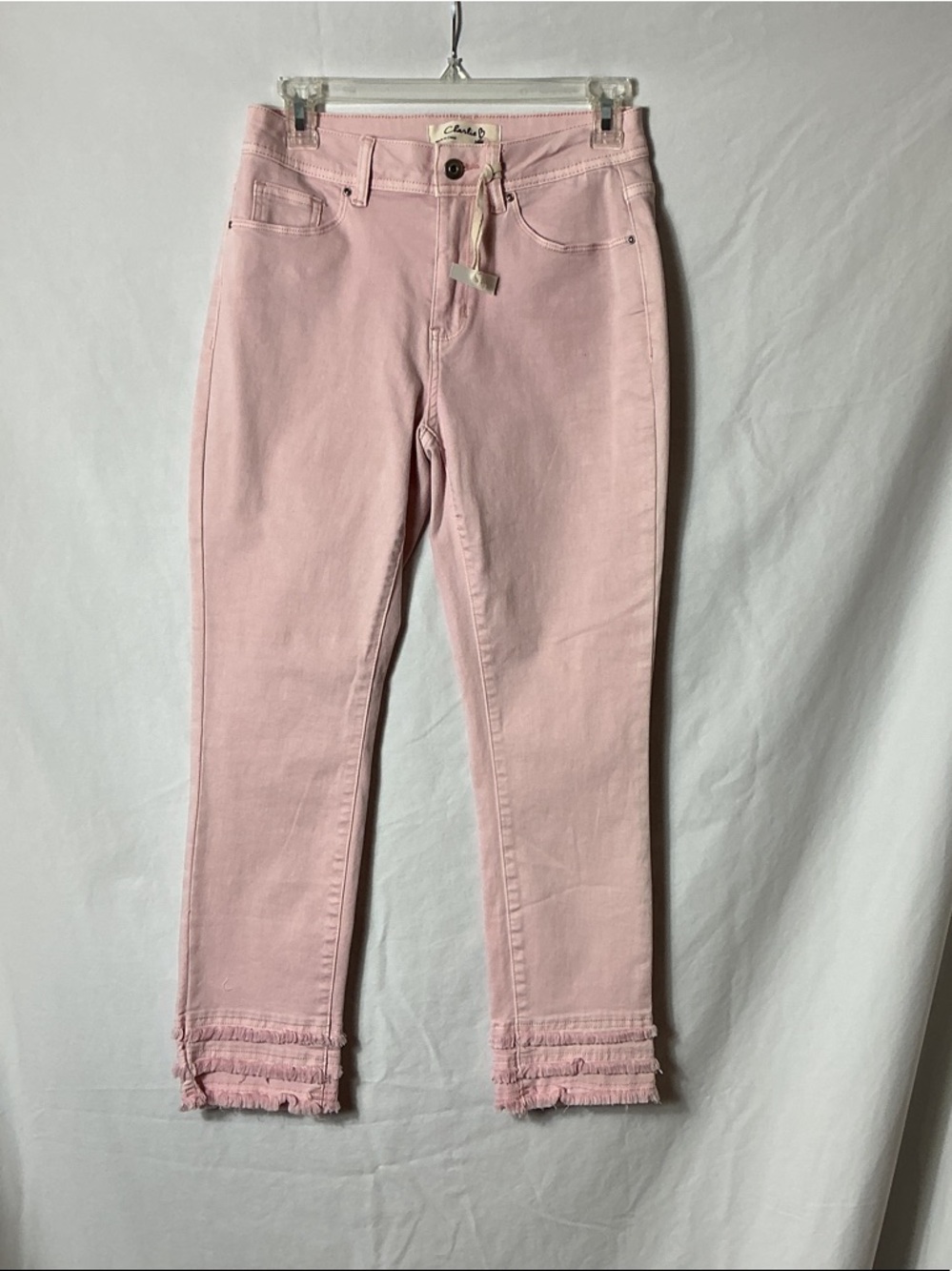CHARLIE B Pink Cropped Jeans with Layered Frayed Hem